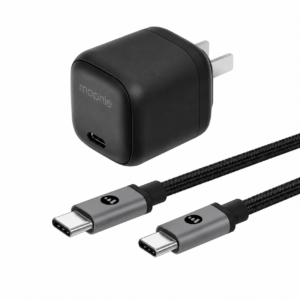 مجموعة شاحن حائط ذكي(mophie)بقوة 30 واط بتقنية GaN ومنفذ USB-C، مع كابل1m USB-C to USB-C للموبايل والتابلت من موفي - لون أسود