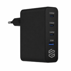 شاحن لابتوب وشاحن تايب سي من سمارت جيت بتقنية GaN بقدرة 100 واط بـ 4 منافذ تشمل 3 منافذ USB-C بقدرة 100 واط ومنفذ USB-A بقدرة 30 واط، لون أسود