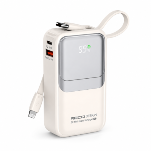 كابلات مدمجة تيب سي ولايتنينج في باور بانك RECCI RPB-P60 السريع بقوة 22.5W وسعة 10000mAh مع شاشة رقمية، لون أبيض