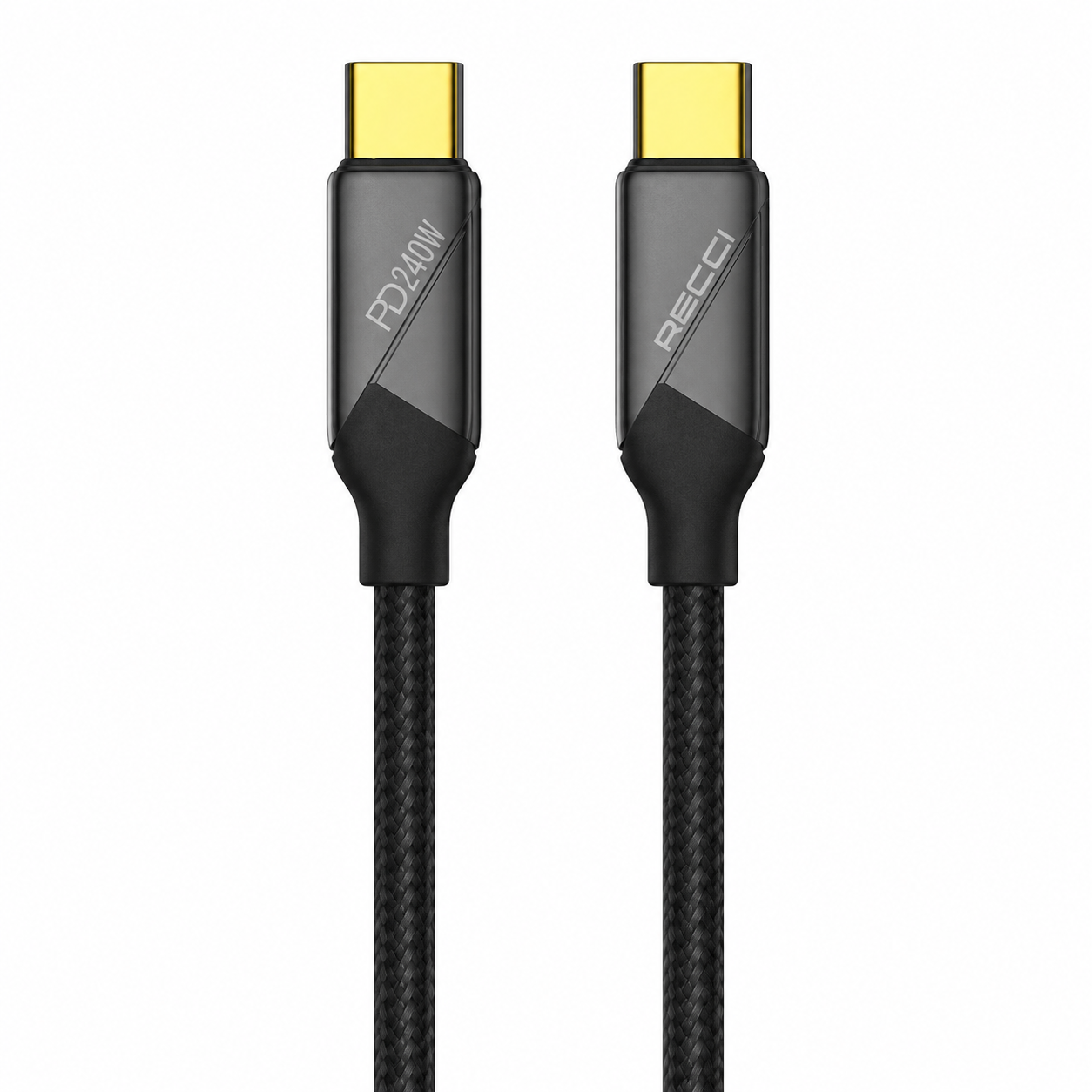 شاحن لاب توب وماك بوك ريسي سريع Type-C to Type-C (RECCI VOYAGE SERIES) - كابل قماش مضفر بقوة خارقة PD 240W وطول 1.5 متر بضمان تراست، لون أسود