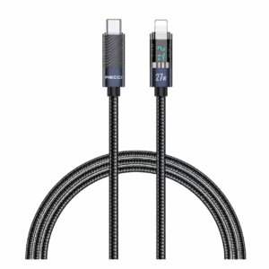 سلك شاحن يقيس الواط ريسي كريستال Type-C to Lightning (RECCI CRYSTAL) – كابل شحن سريع بقوة PD 27W مع شاشة رقمية بطول 1.2 متر بضمان تراست، لون أسود