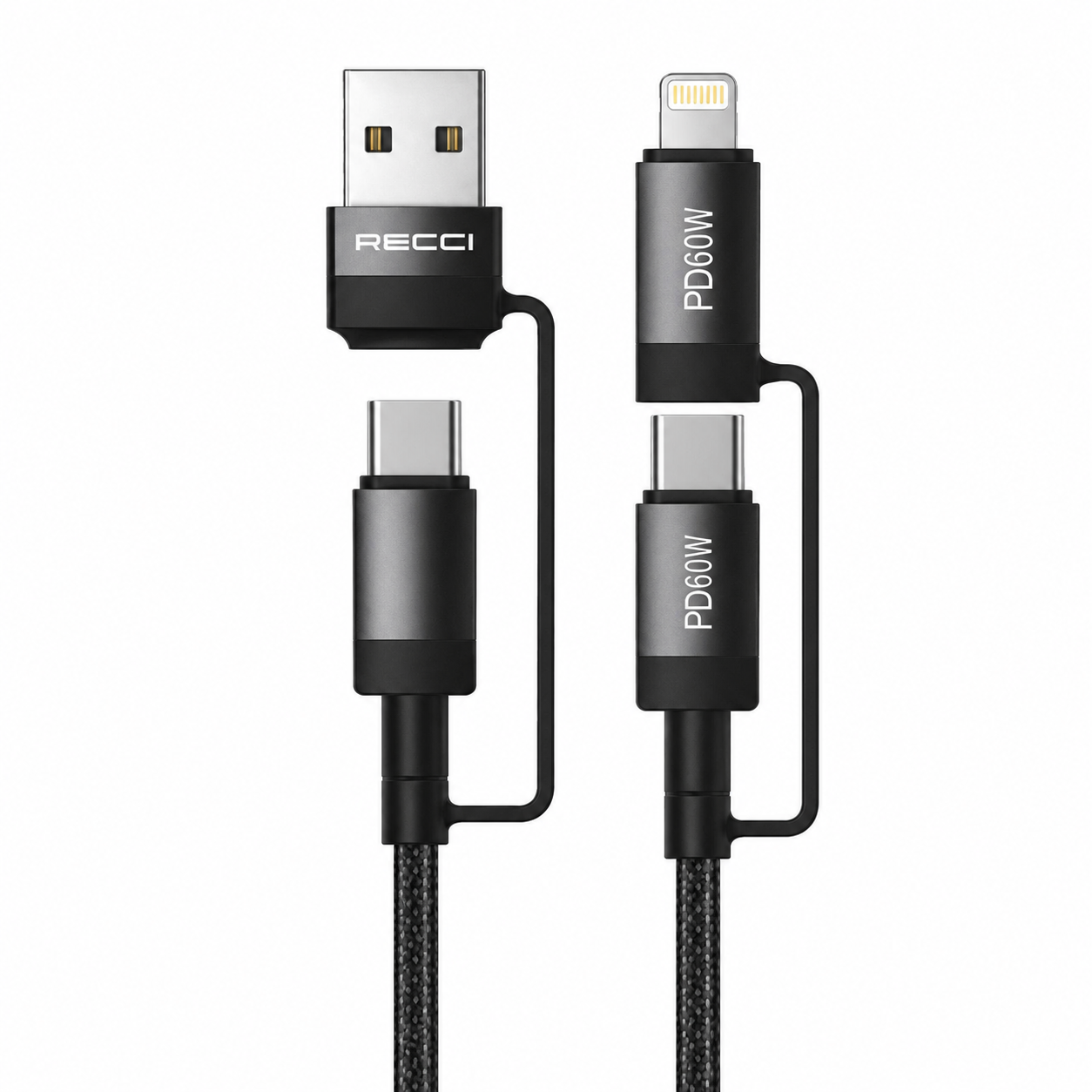 منصة شحن متنقلة ريسي سريع 4 في 1 (RECCI FOUR-IN-ONE RS17T) - كابل قماش مضفر بقوة PD 60W مدمج برؤوس تبديل ذكية بطول 1.2 متر بضمان تراست، لون أسود