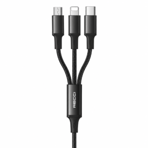 شاحن متعدد المنافذ ريسي سريع 3 في 1 (RECCI FAST WIND RCS-D120) – كابل قماش مضفر بقوة 2.4A يشحن 3 أجهزة معاً بضمان تراست، لون أسود